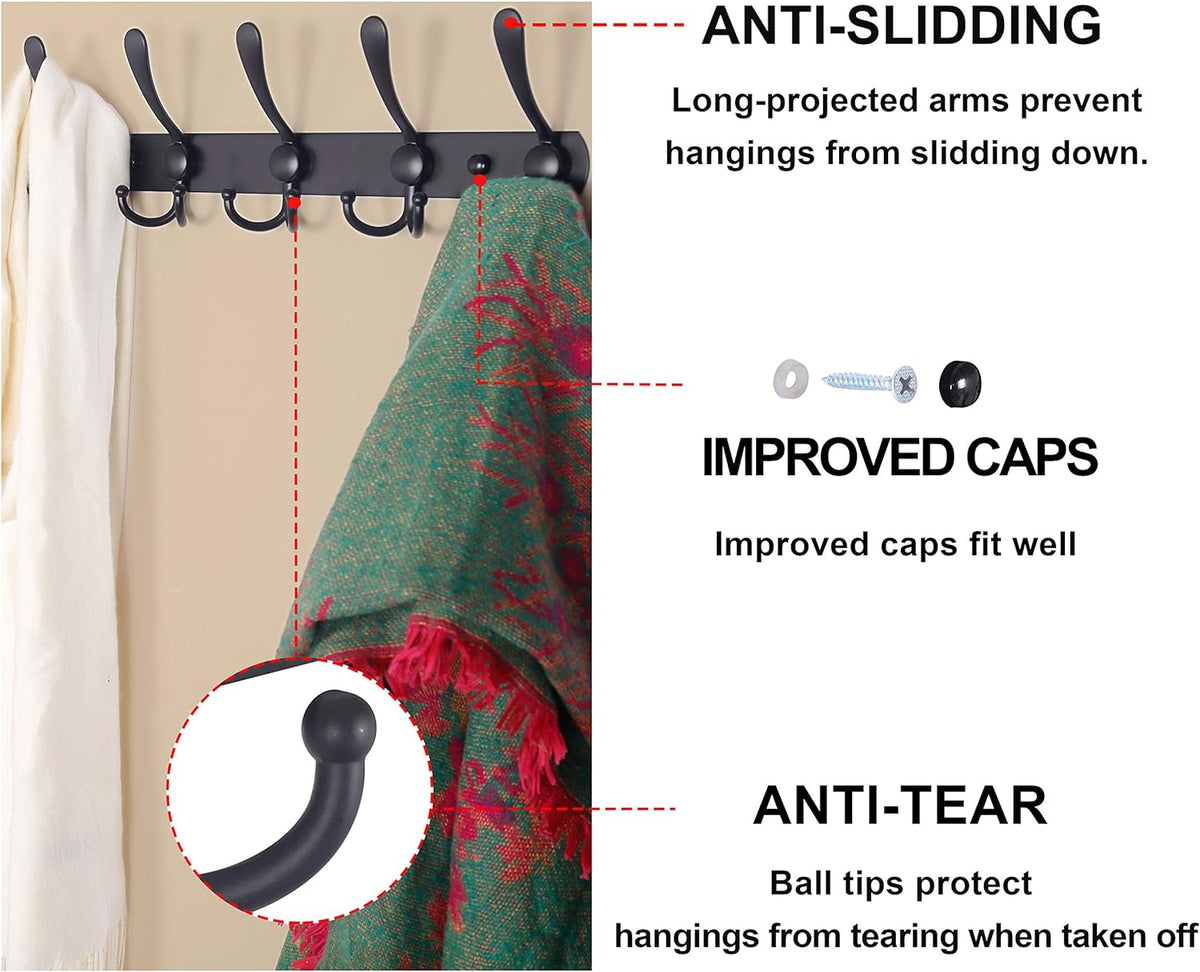 Dseap Coat Rack Wall Mounted - 5 Tri Hooks, Heavy Duty, Stainless Steel, Metal Coat Hook Rail for Coat Hat Towel Purse Robes Mudroom Bathroom Entryway (Black, 2 Packs)