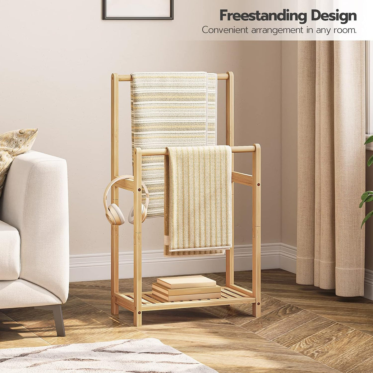 HOOBRO Freestanding Towel Rack for Bathroom, 2 Tier Decorative Bamboo Blanket Rack, Quilt Display Stand with Storage Shelf, 16.5" L x 9.4" W x 30.5" H, Bedroom, Living Room, Natural Color YL02LB01