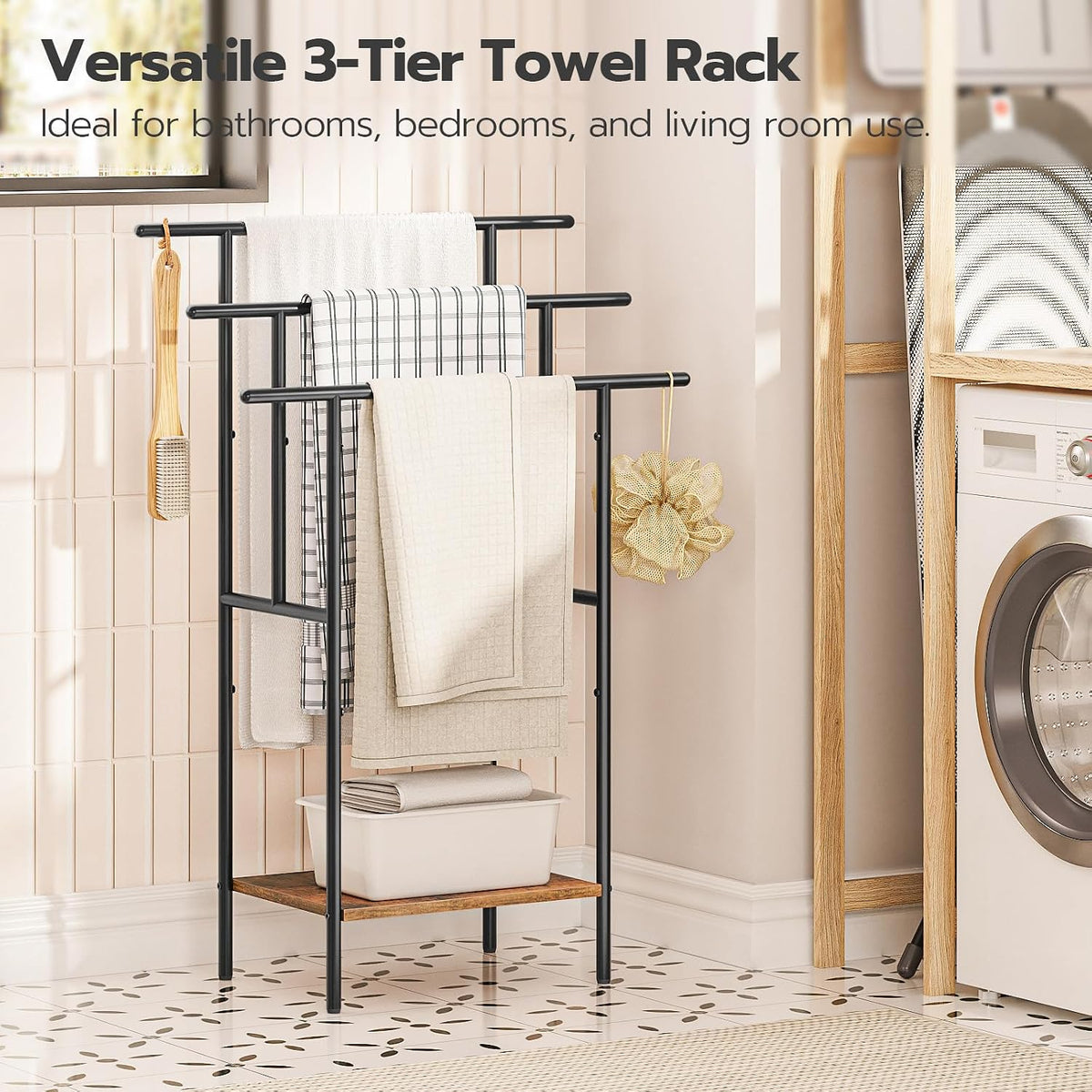 HOOBRO 39.4" Freestanding Towel Rack for Bathroom, Blanket Rack with Shelf