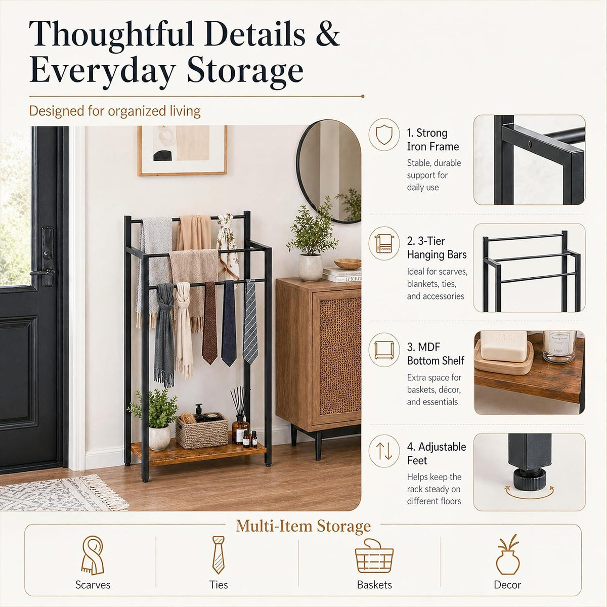 16.9" W Freestanding Towel Rack with Rustic Brown Wood Shelf