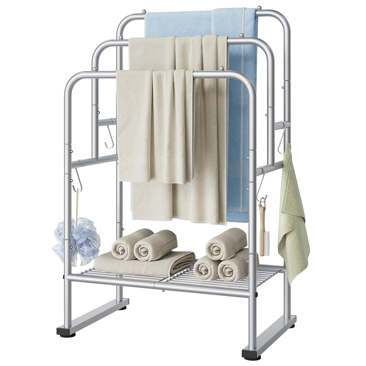 ELYKEN 3 Tier Freestanding Towel Rack with Shelf, 40" H Towel Stand, Silver
