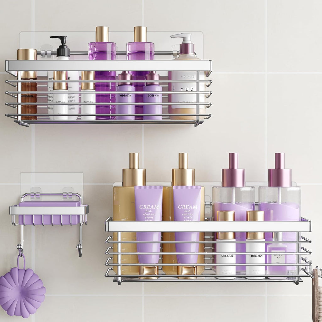 Shower Caddy Adhesive 3 Pack Stainless Steel Storage Organizers-Silver