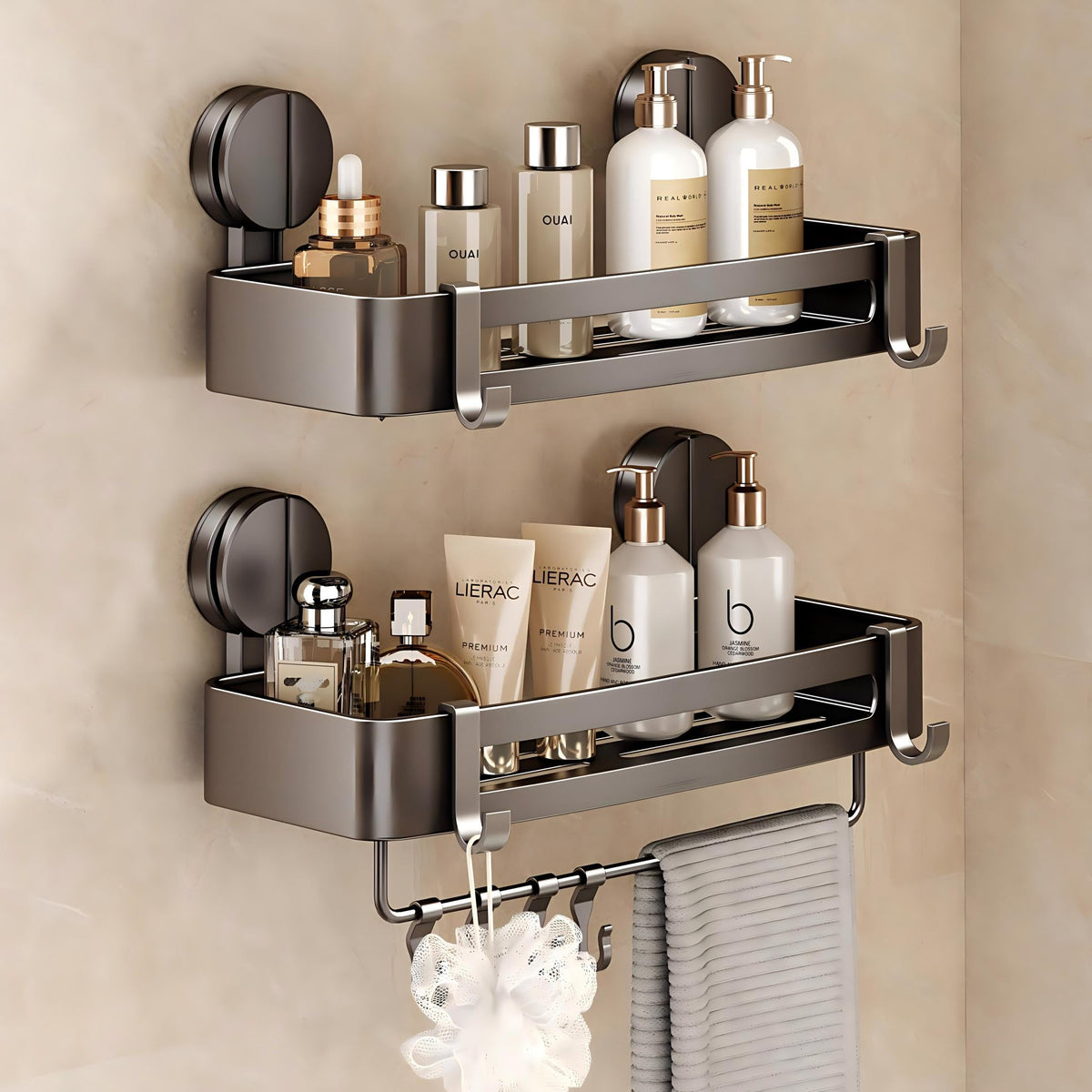 VOLPONE Corner Shower Caddy Suction Cup, 2 Pack Shower Shelves No Drilling, Showers Organizer Storage with Towel Bar & Removable Hooks, Bathroom Shower Shelf Rack for Inside Showers