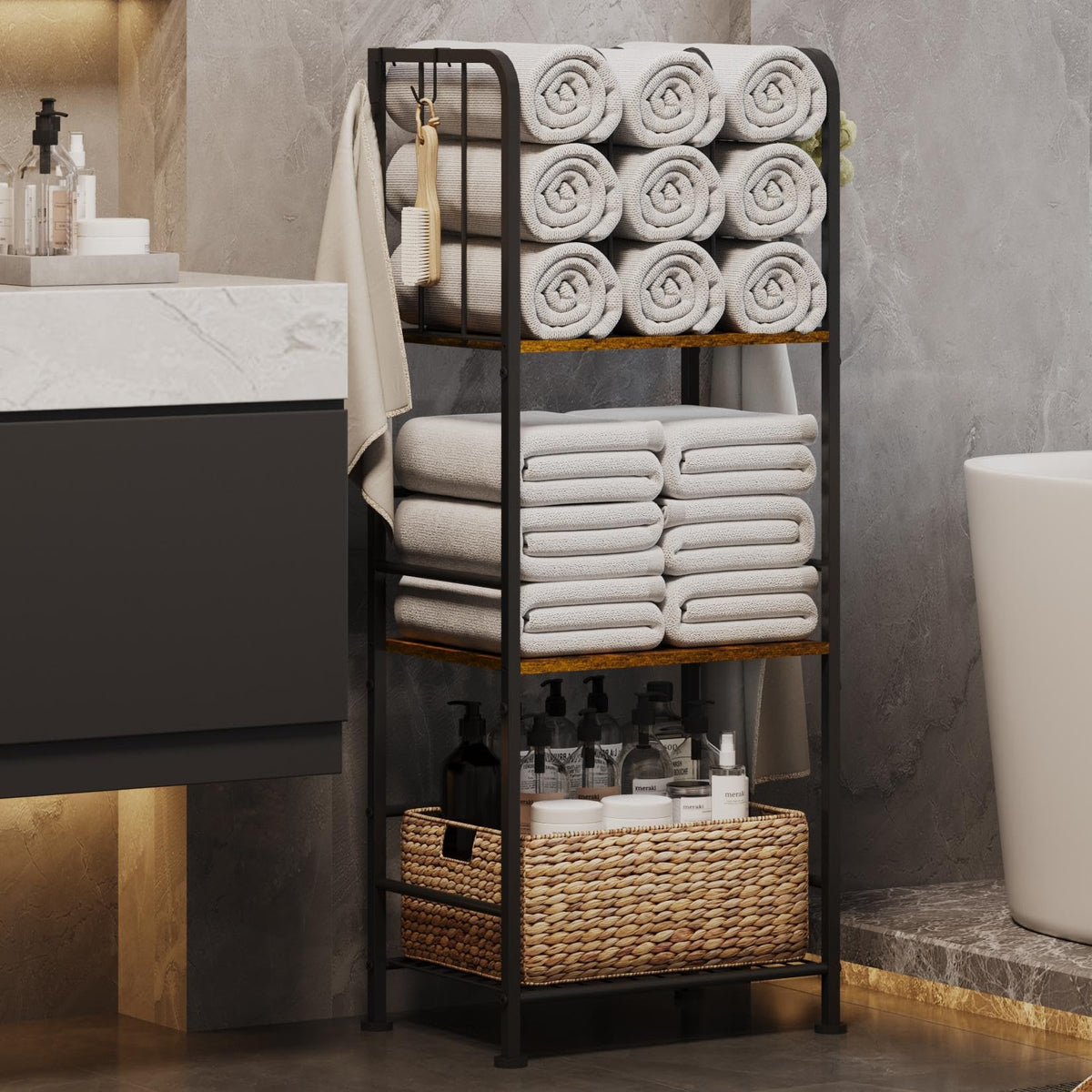 3-Tier Freestanding Cabinet Towel Rack Metal Stand