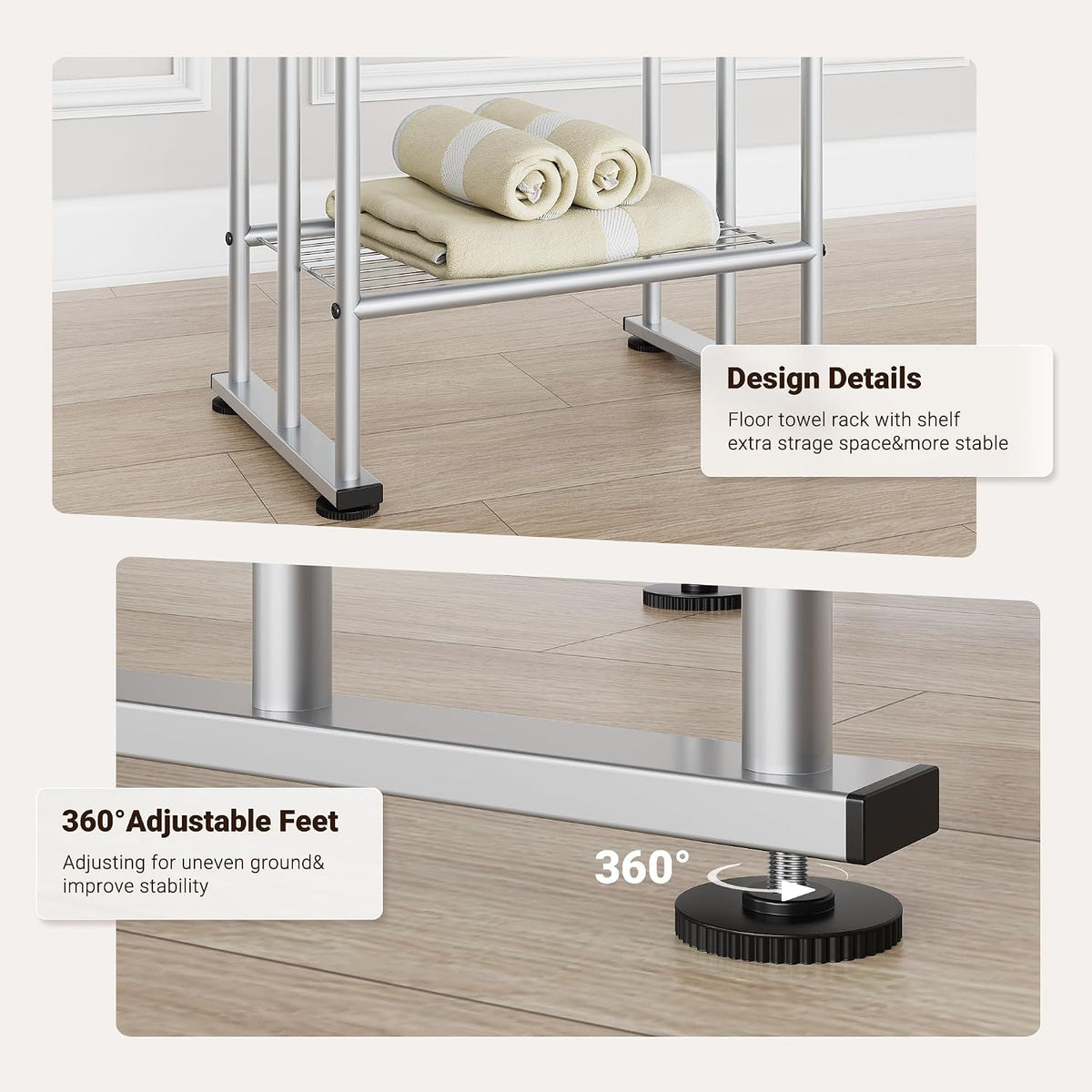 ELYKEN 3 Tier Freestanding Towel Rack with Shelf, 40" H Towel Stand, Silver