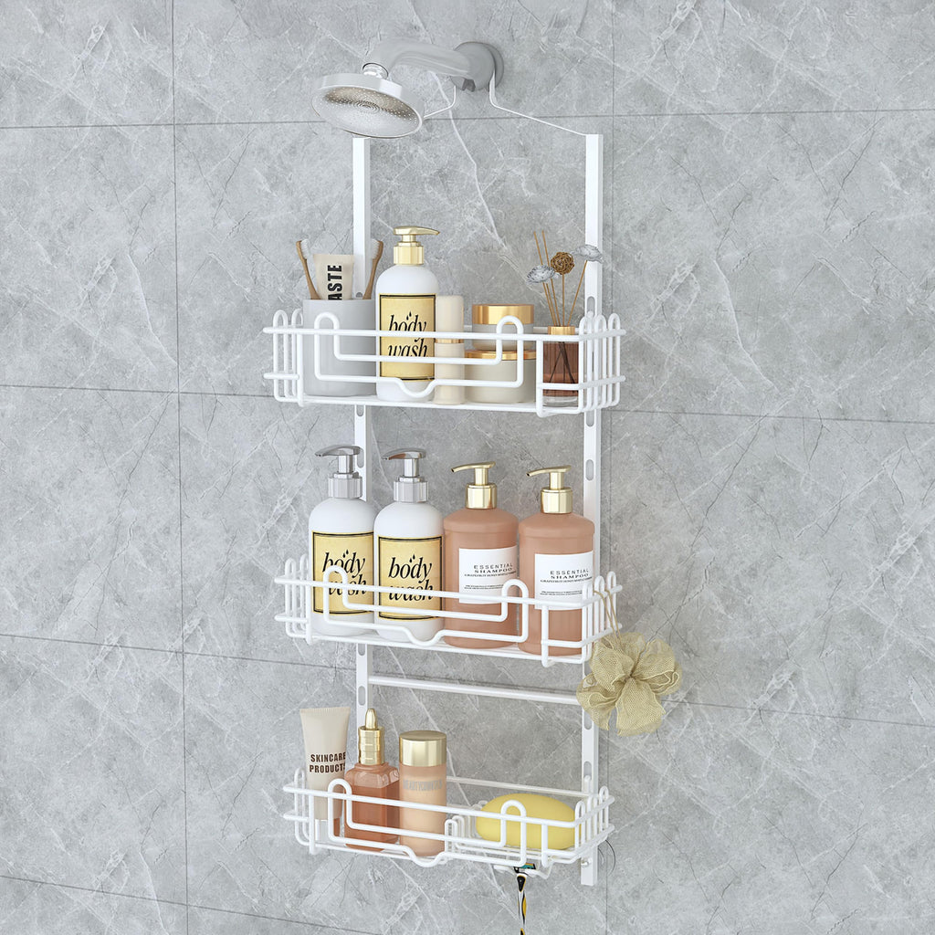 SWTYMIKI Shower Caddy Hanging Organizer - 3-Tier Rustproof Shower Organizer Over Showerhead with Adjustable Baskets, 24 Hooks, Soap & Razor Holder - No Drill Large Bathroom Storage Rack, Black