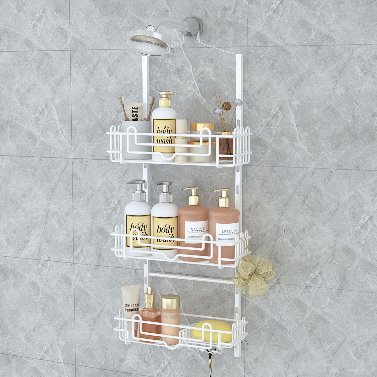 SWTYMIKI Shower Caddy Hanging Organizer - 3-Tier Rustproof Shower Organizer Over Showerhead with Adjustable Baskets, 24 Hooks, Soap & Razor Holder - No Drill Large Bathroom Storage Rack, Black
