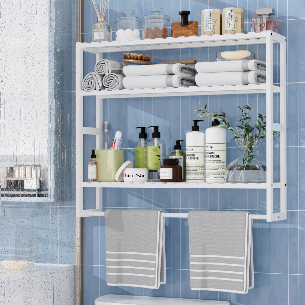 PPN 100% Bamboo Towel Rack Bathroom Storage Shelves Over Toilet Towel Bar