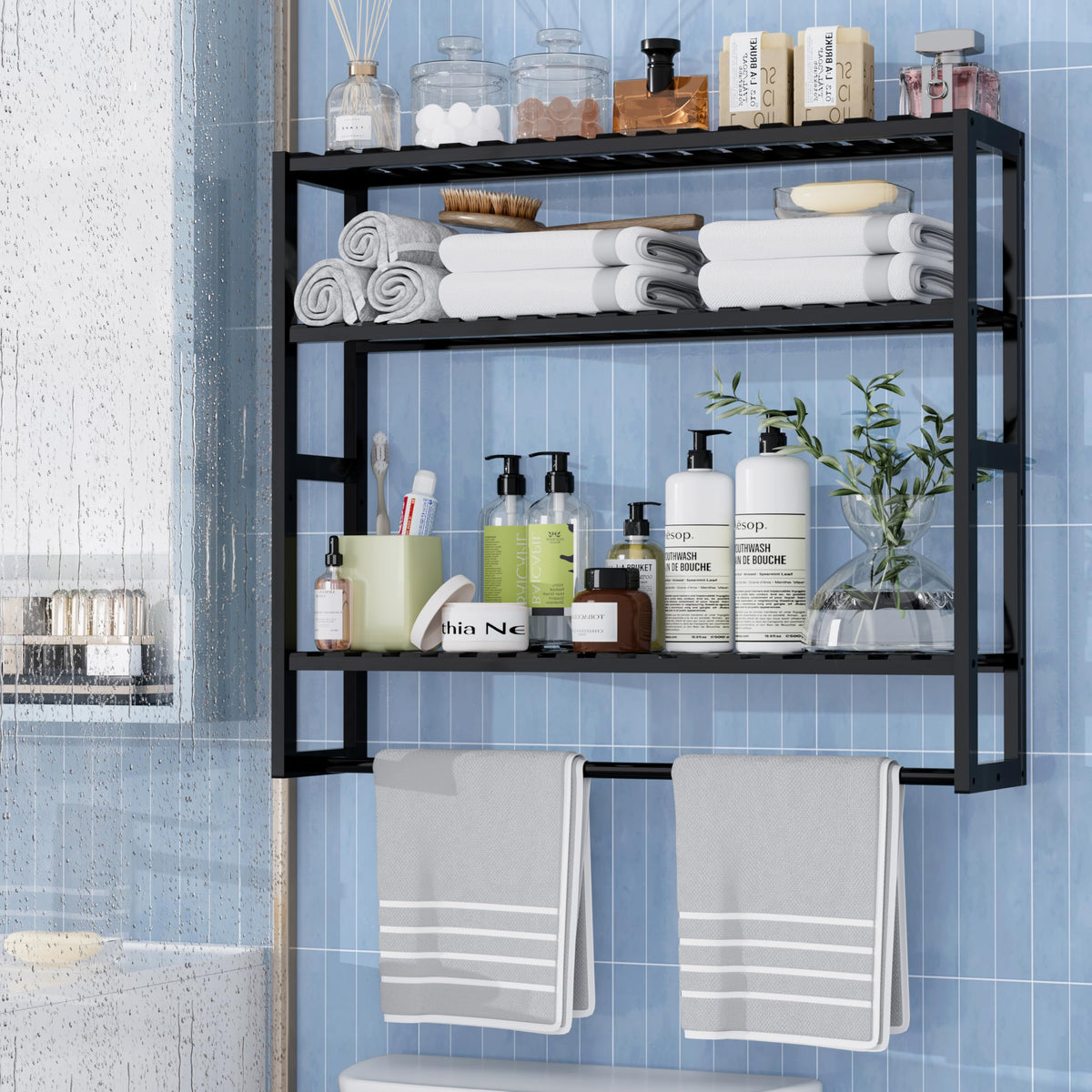 PPN 100% Bamboo Towel Rack Bathroom Storage Shelves Over Toilet Towel Bar