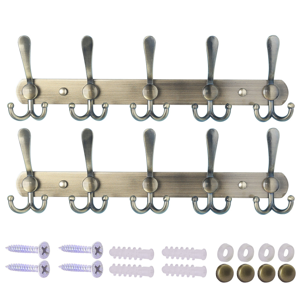 Dseap Coat Rack Wall Mounted - 5 Tri Hooks, Heavy Duty, Stainless Steel, Metal Coat Hook Rail for Coat Hat Towel Purse Robes Mudroom Bathroom Entryway (Black, 2 Packs)